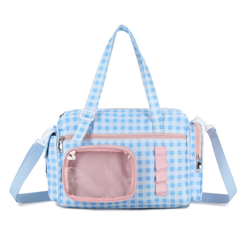 Customize Waterproof Fabric Big Capacity Weekend Travel bag Casual OEM Shopping Tote Bag With Ita Clear Window for Pins and Dolls
