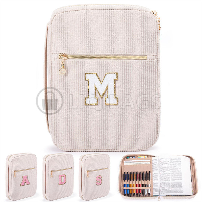 OEM Custom Embroidered Chenille Book Sleeve Corduroy bible Cover Pouch Faux Leather Book Storage Bag