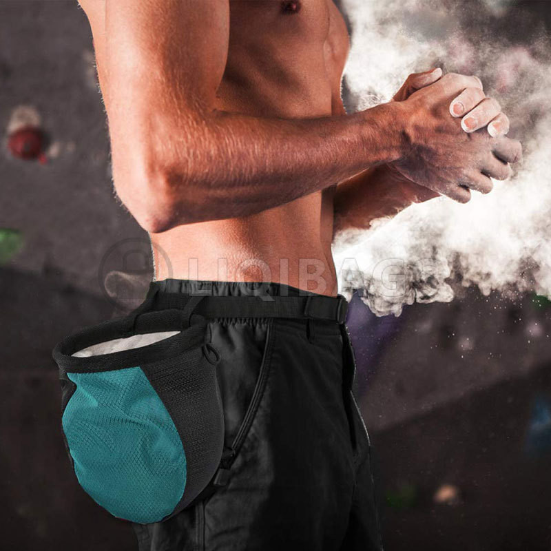 Custom Printed Nylon Drawstring Climbing Chalk Bag, Adjustable Waist Belt Sweat Absorbing Pouch for Bouldering