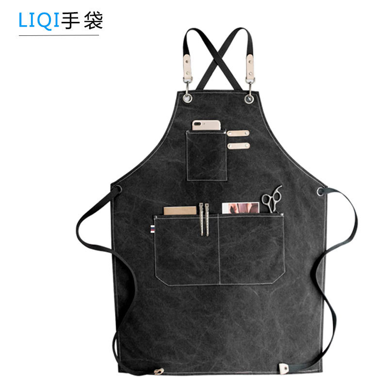 Custom denim work apron with multiple tool pockets