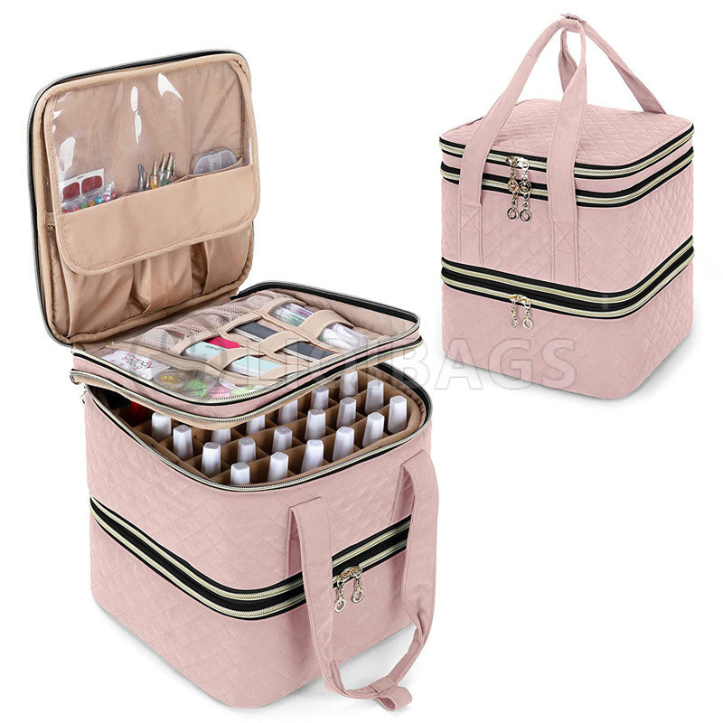 Open nail polish organizer with bottles and tool pockets