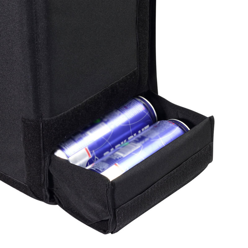 Expandable side pocket holding beverage cans