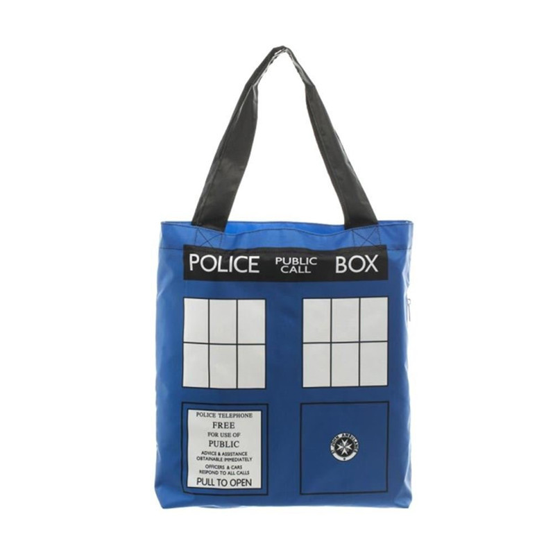 Printed blue denim canvas shopping bag front view