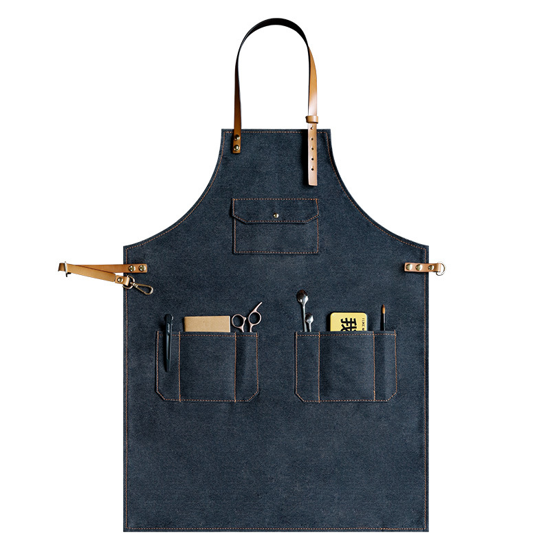 Custom denim apron front and cross-back views