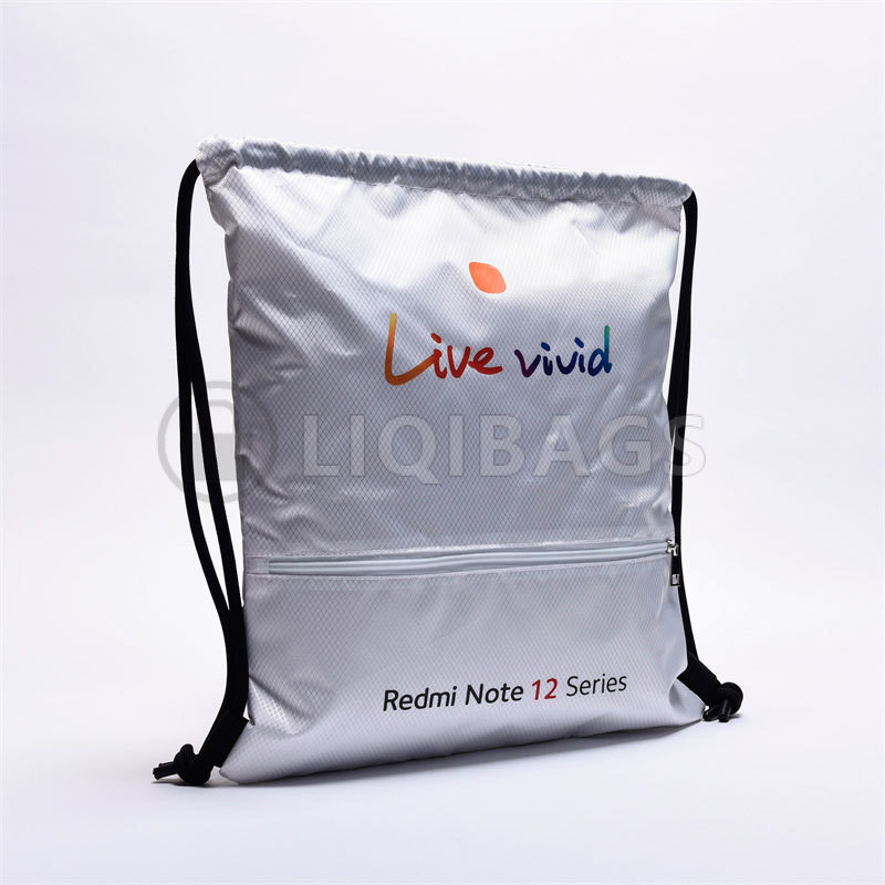 Side view of custom waterproof drawstring gym backpack