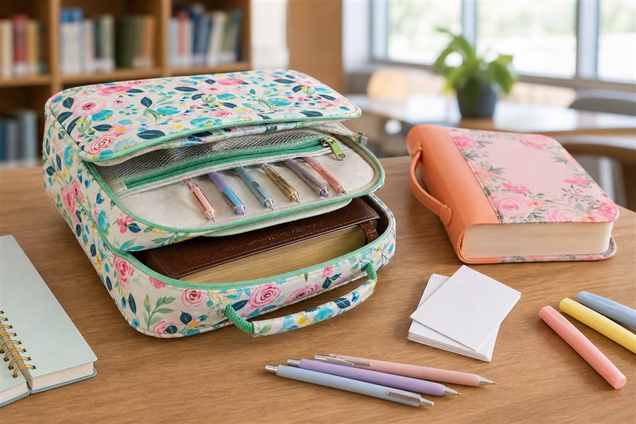 Open floral Bible organizer case with a book, pens and study cards on a school desk