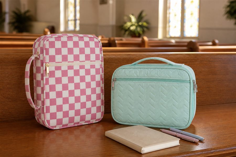 Zippered Bible cases with notebook and pens on a wooden church pew