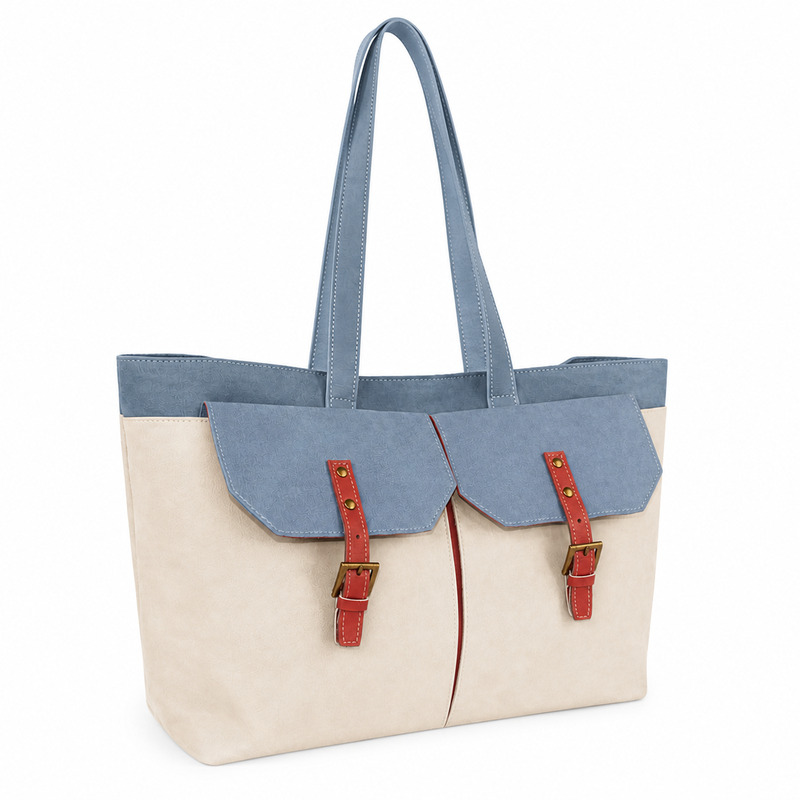 Blue custom dual front pocket tote bag front view