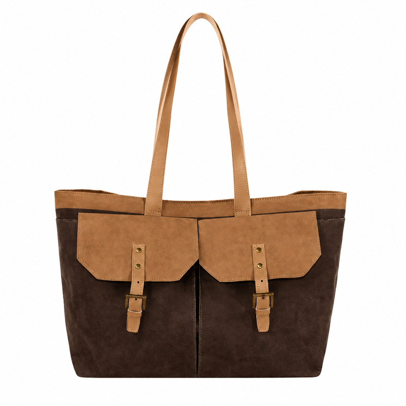 Custom microfiber leather‌ brown buckle strap tote bag front view