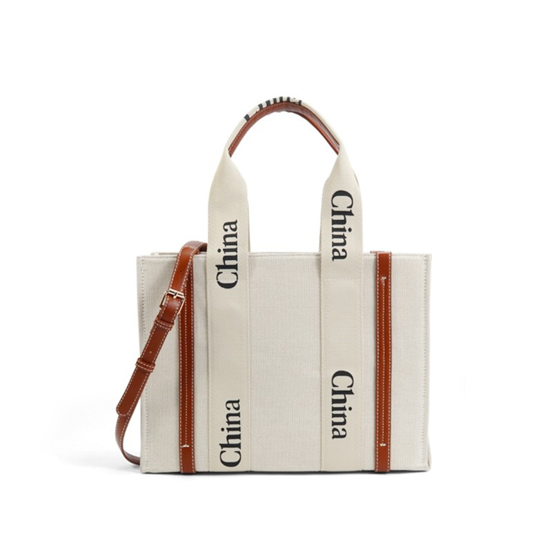 Custom Large Letter Print Canvas Tote Bag with PU Leather Handles