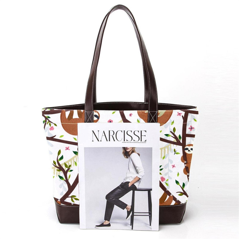 Custom Large Printed Canvas Laptop Tote Bag with PU Leather Trim