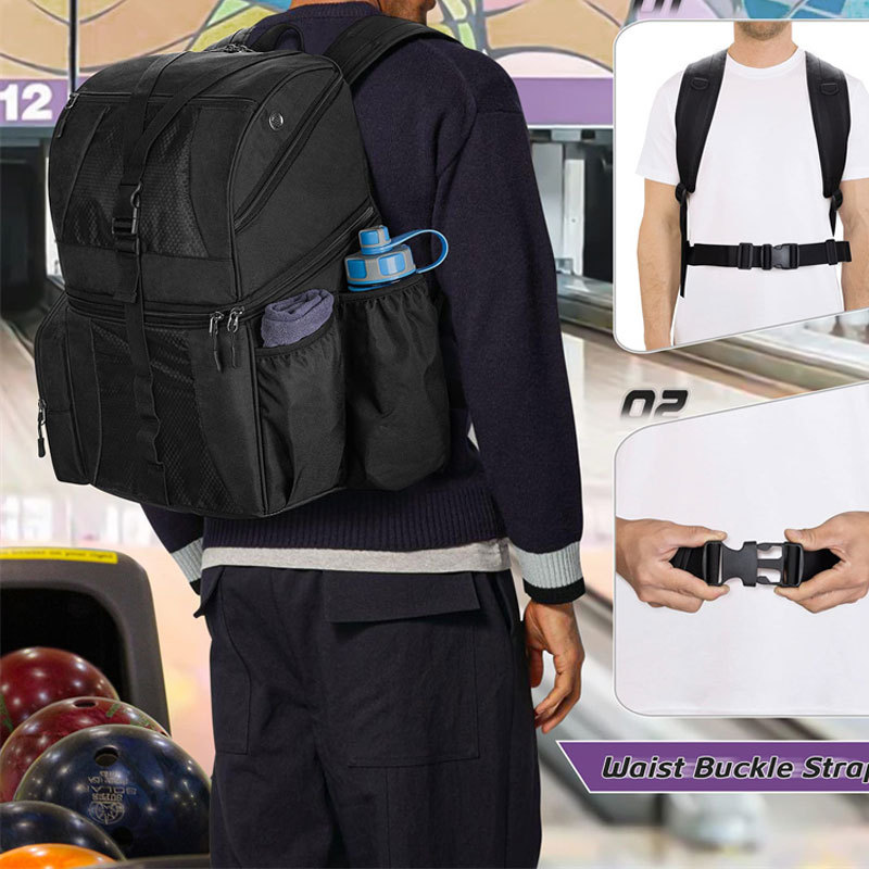 Bowling backpack worn with chest buckle