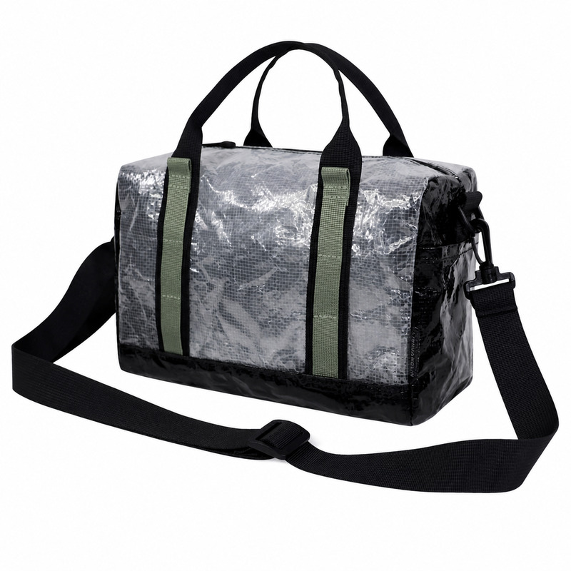 Custom recycled woven travel duffel bag with adjustable shoulder strap