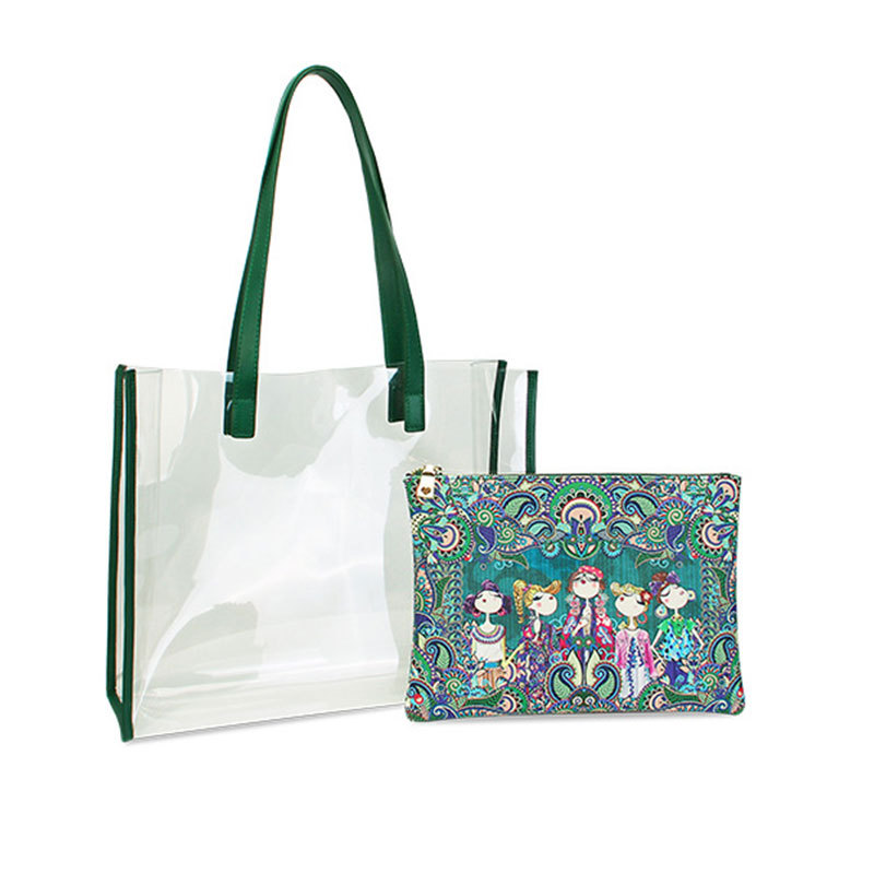 Custom transparent PVC beach tote bag with pouch