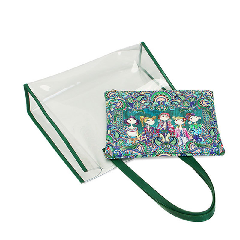 Clear PVC tote construction and pouch detail