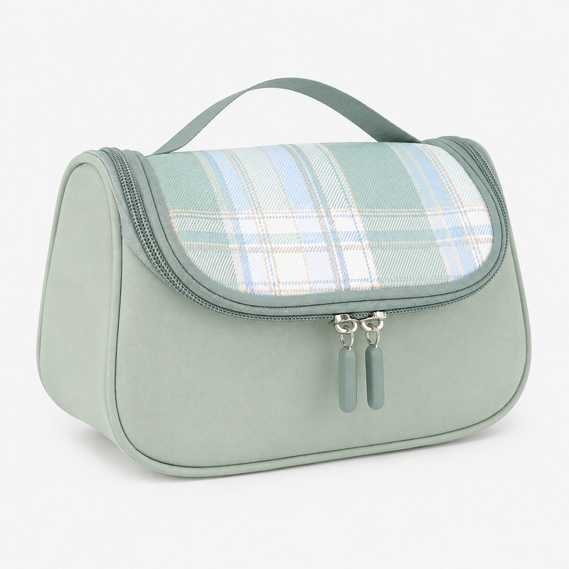 Custom plaid trim double zipper cosmetic bag in sage green