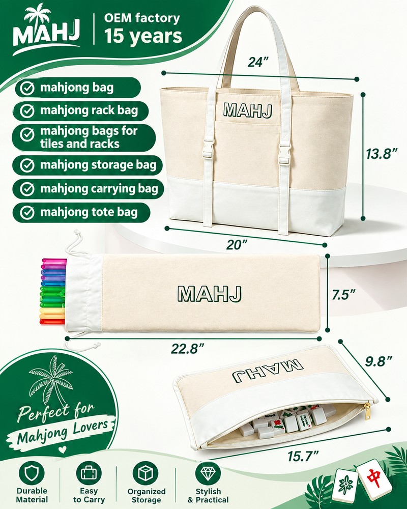 custom 3-piece american mahjong tile bag set with tote canvas construction — product view 01