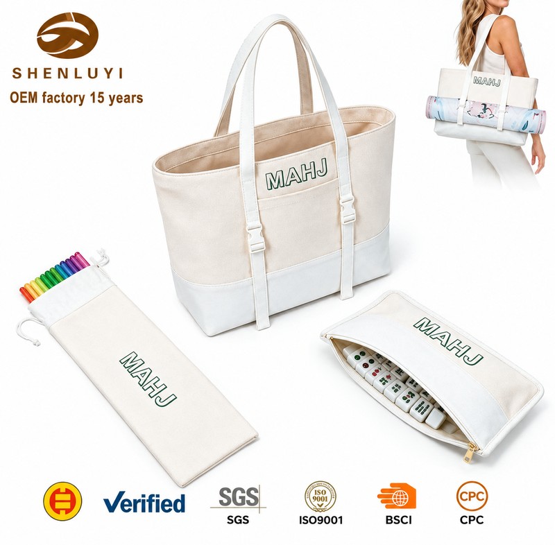 custom 3-piece american mahjong tile bag set with tote canvas construction — product view 02