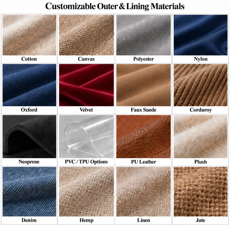 Custom bag material options including polyester, nylon, canvas, Oxford fabric, RPET and PU leather