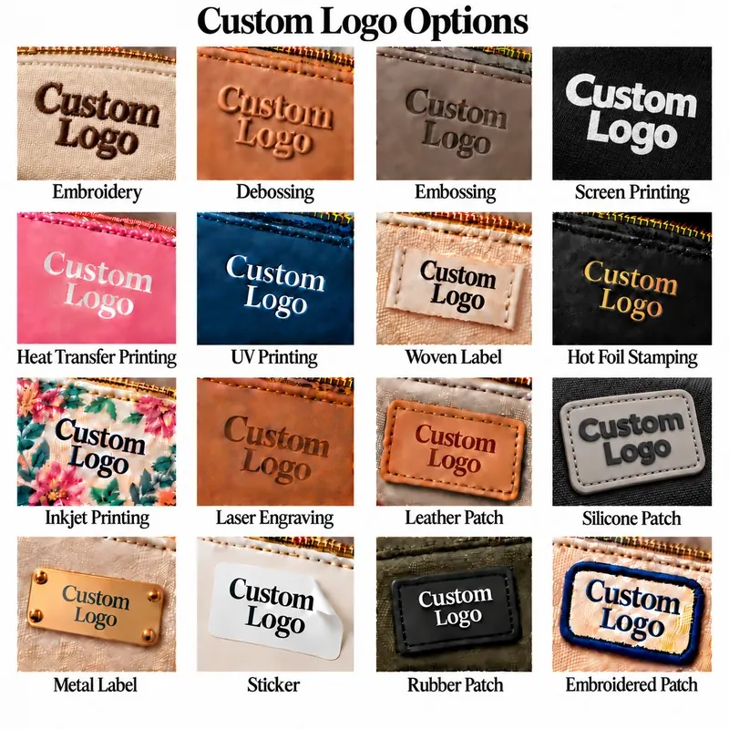 Custom bag logo options including screen printing, heat transfer, embroidery, woven labels and rubber patches