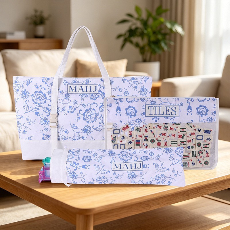 custom blue and white porcelain mahjong bag set blue-and-white porcelain-inspired print — product view 01