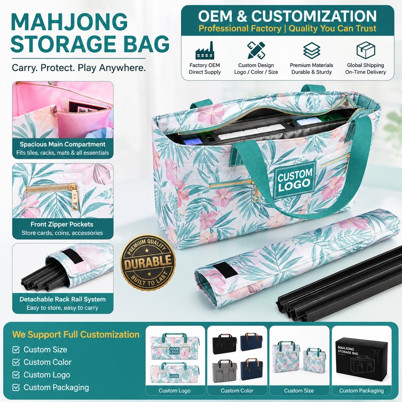 custom foldable mahjong tote bag with shoulder straps zippered closure — product view 02