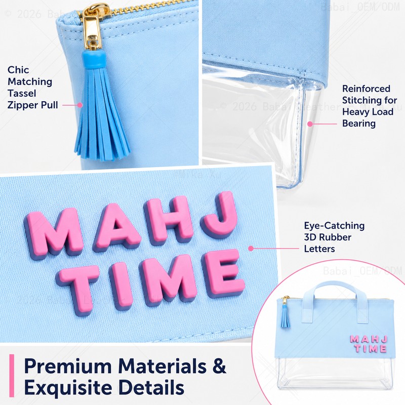 custom clear bottom mahjong tote bag with 3d letters zippered closure — product view 02