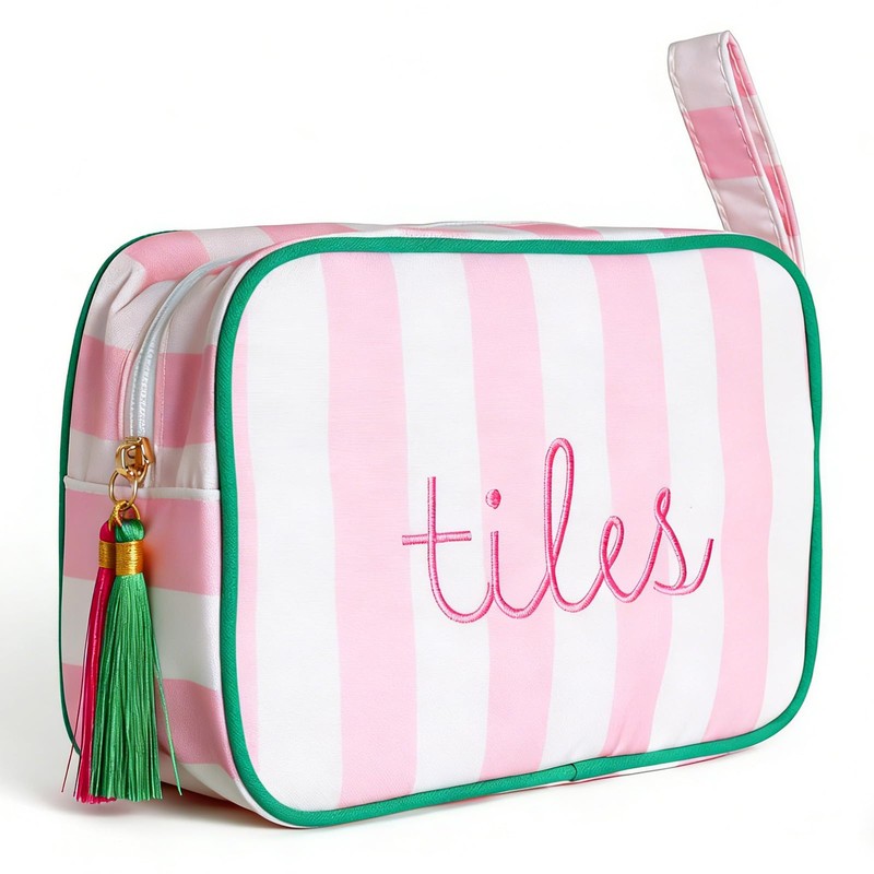 custom pink striped mahjong tile bag with plush interior striped design — product view 01