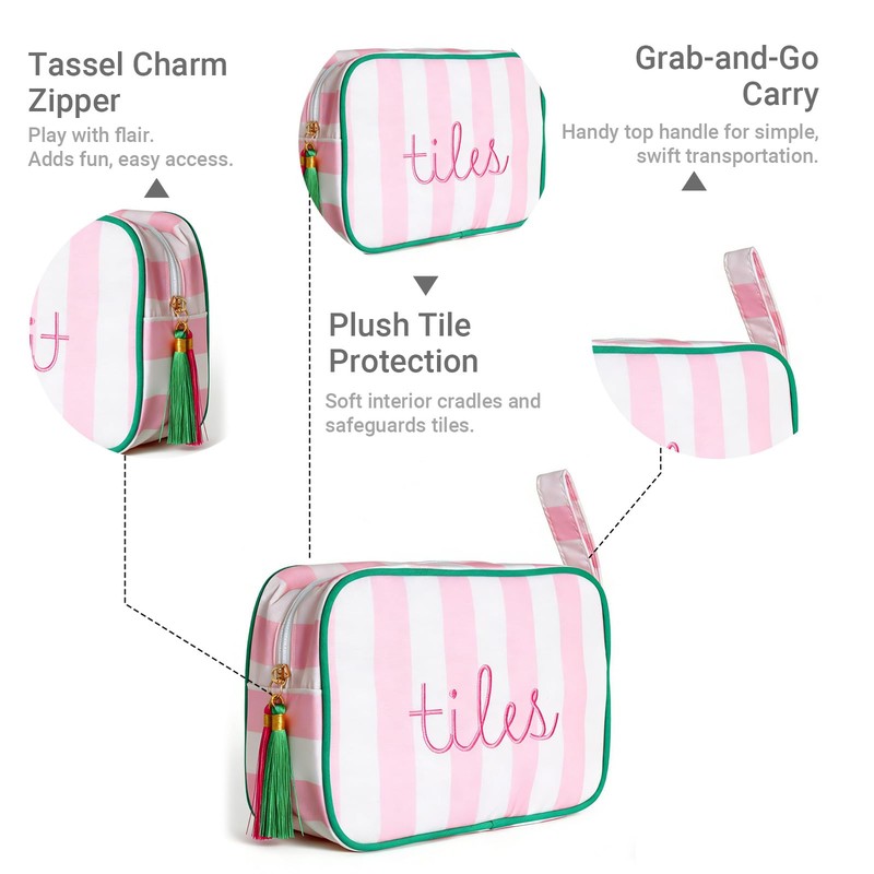 custom pink striped mahjong tile bag with plush interior striped design — product view 02
