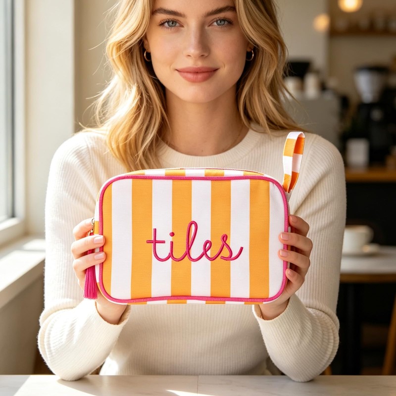 custom striped mahjong tile bag with plush interior striped design — product view 02