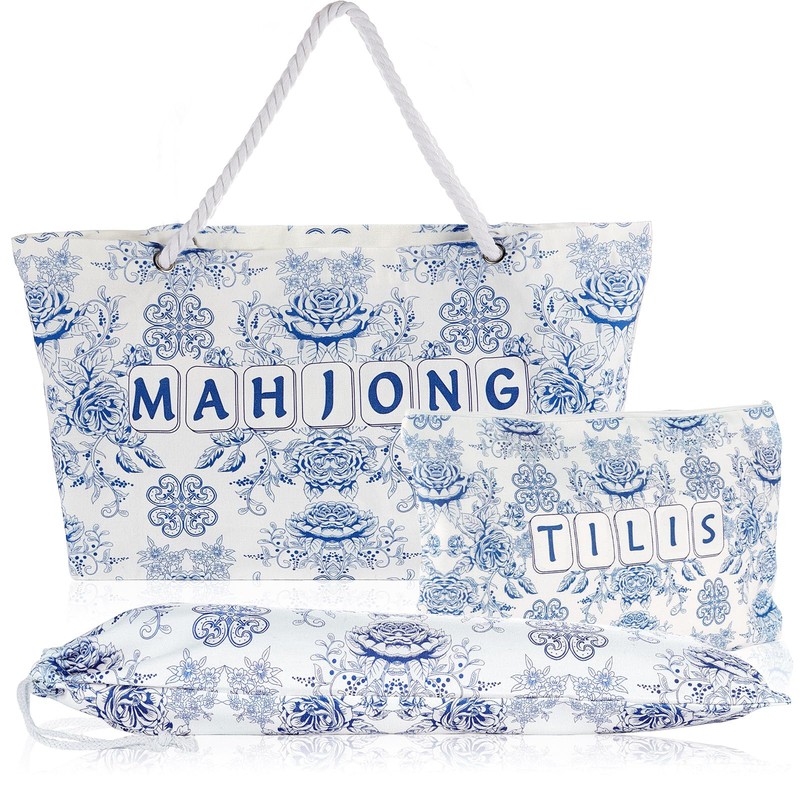 custom blue print mahjong bag set for tiles and racks the silhouette and details shown in the supplied images — product view 01