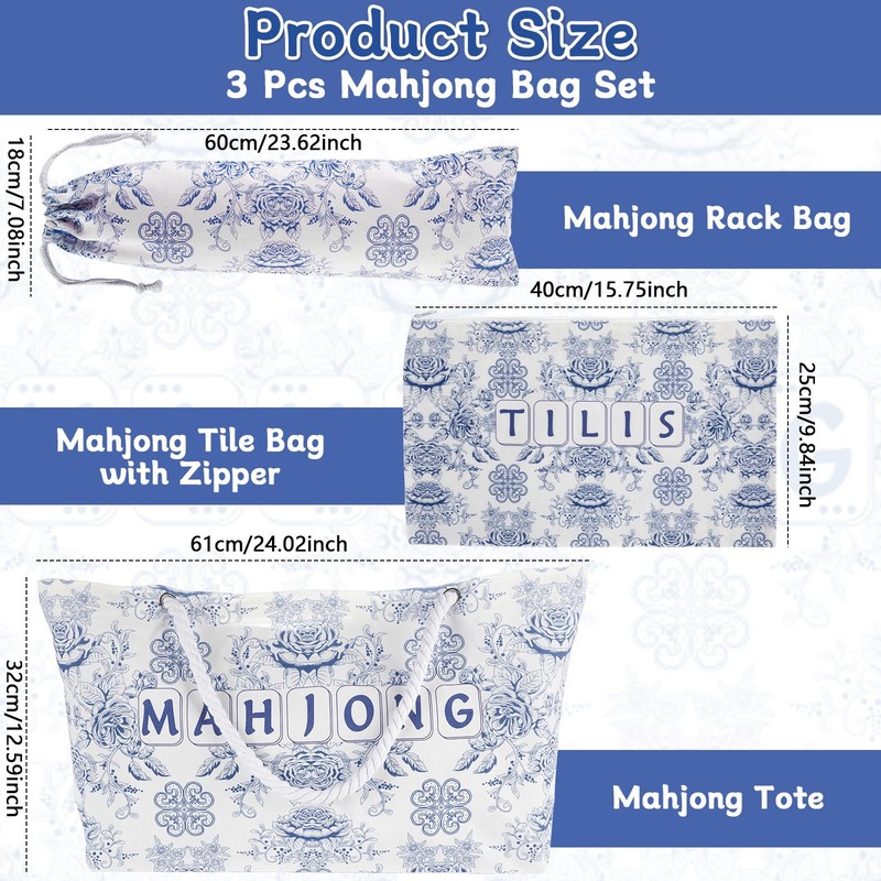 custom blue print mahjong bag set for tiles and racks the silhouette and details shown in the supplied images — product view 02