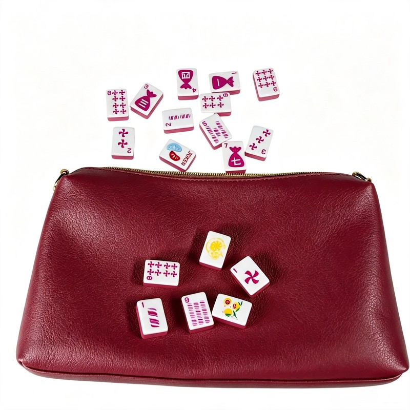 custom burgundy pu leather mahjong tile storage bag the silhouette and details shown in the supplied images — product view 01