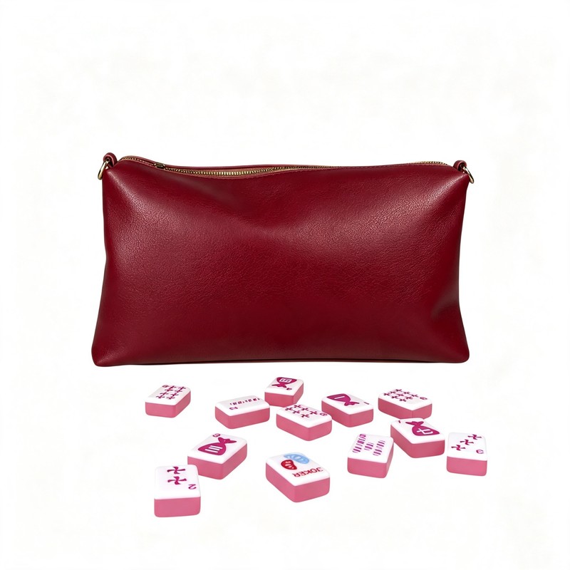 custom burgundy pu leather mahjong tile storage bag the silhouette and details shown in the supplied images — product view 02