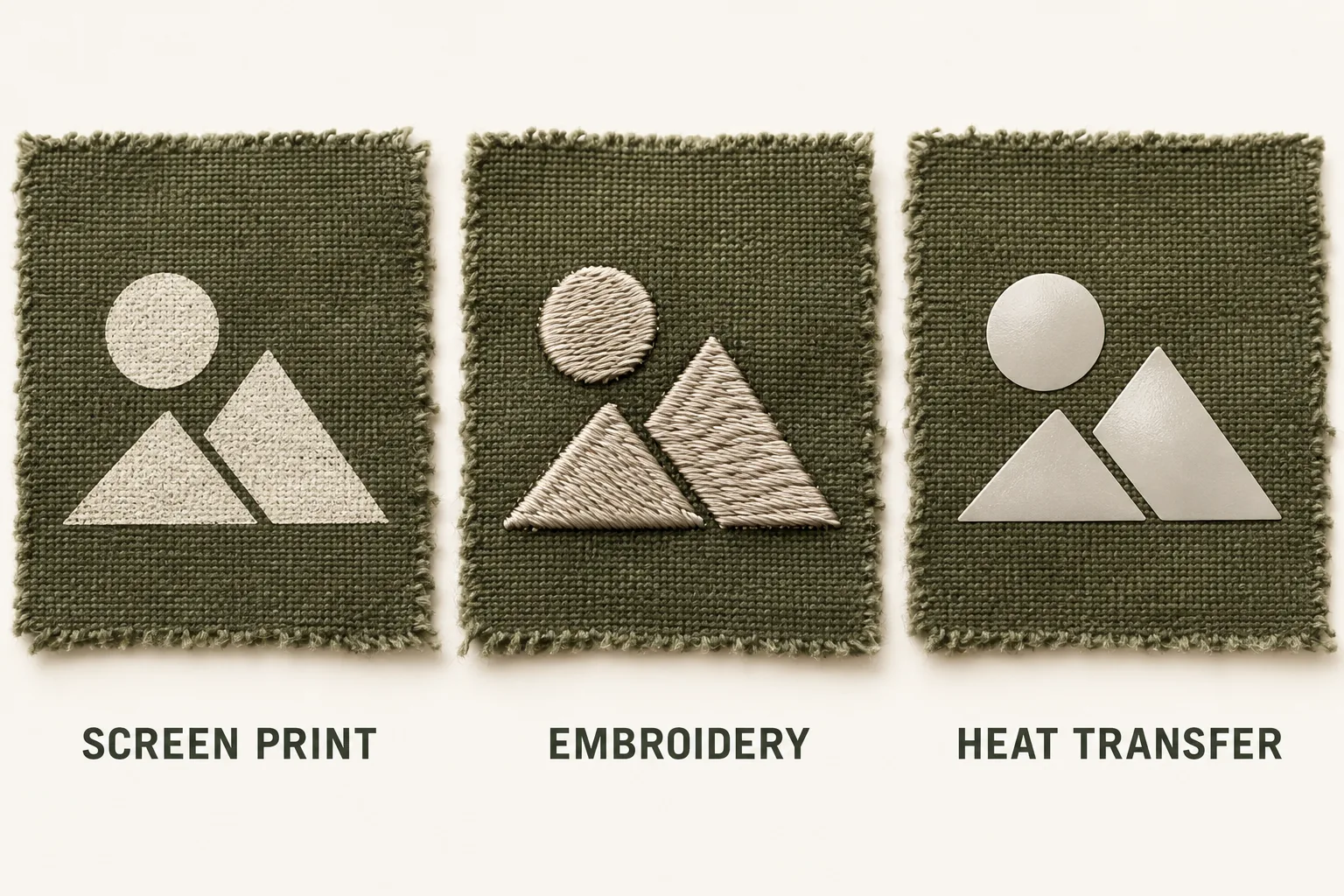Comparison illustration of screen print, embroidery and heat transfer on fabric