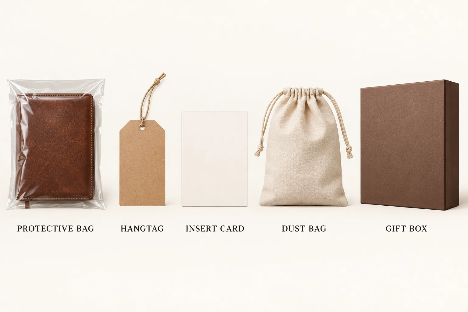 Illustration of protective bag, hangtag, insert card, dust bag and gift box