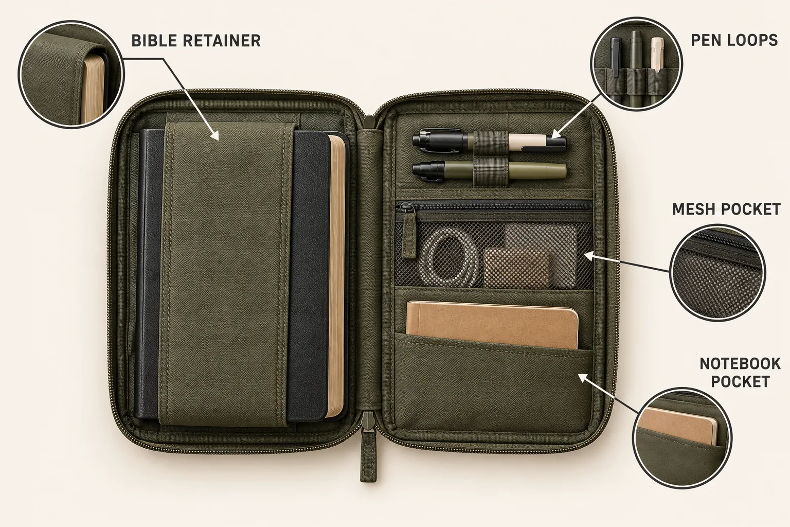 Illustration of Bible retainer, pen loops, mesh pocket and notebook pocket