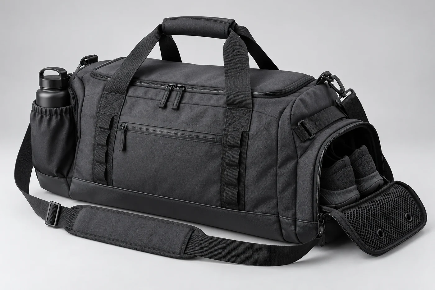 Unbranded concept gym duffel with a shoe compartment, bottle pocket and shoulder strap