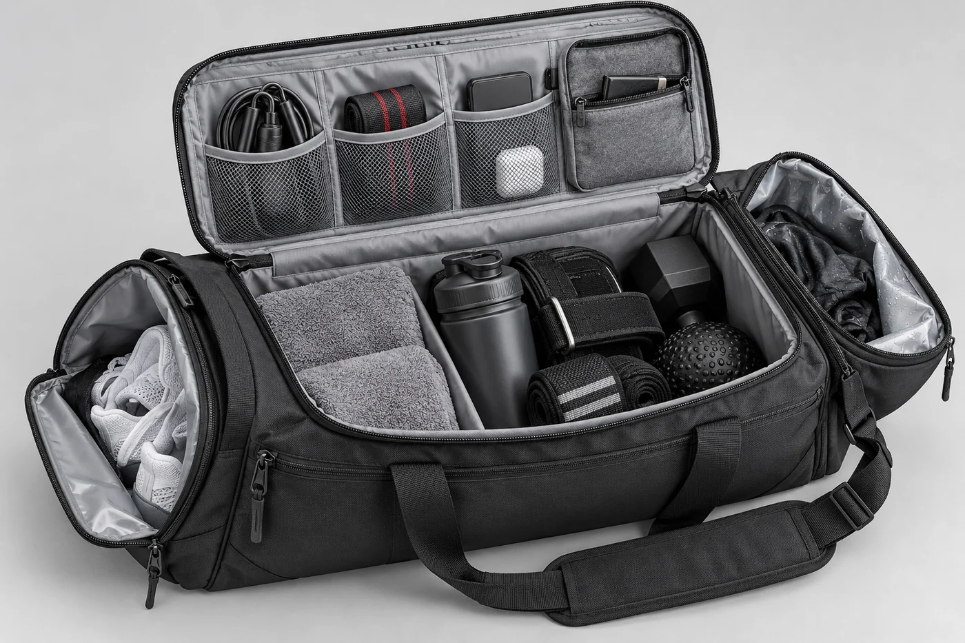 Open unbranded gym duffel concept showing shoe storage, wet gear pocket and interior organizer
