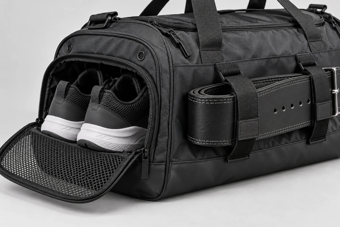 Unbranded gym duffel detail with ventilated shoe pocket and externally secured lifting belt