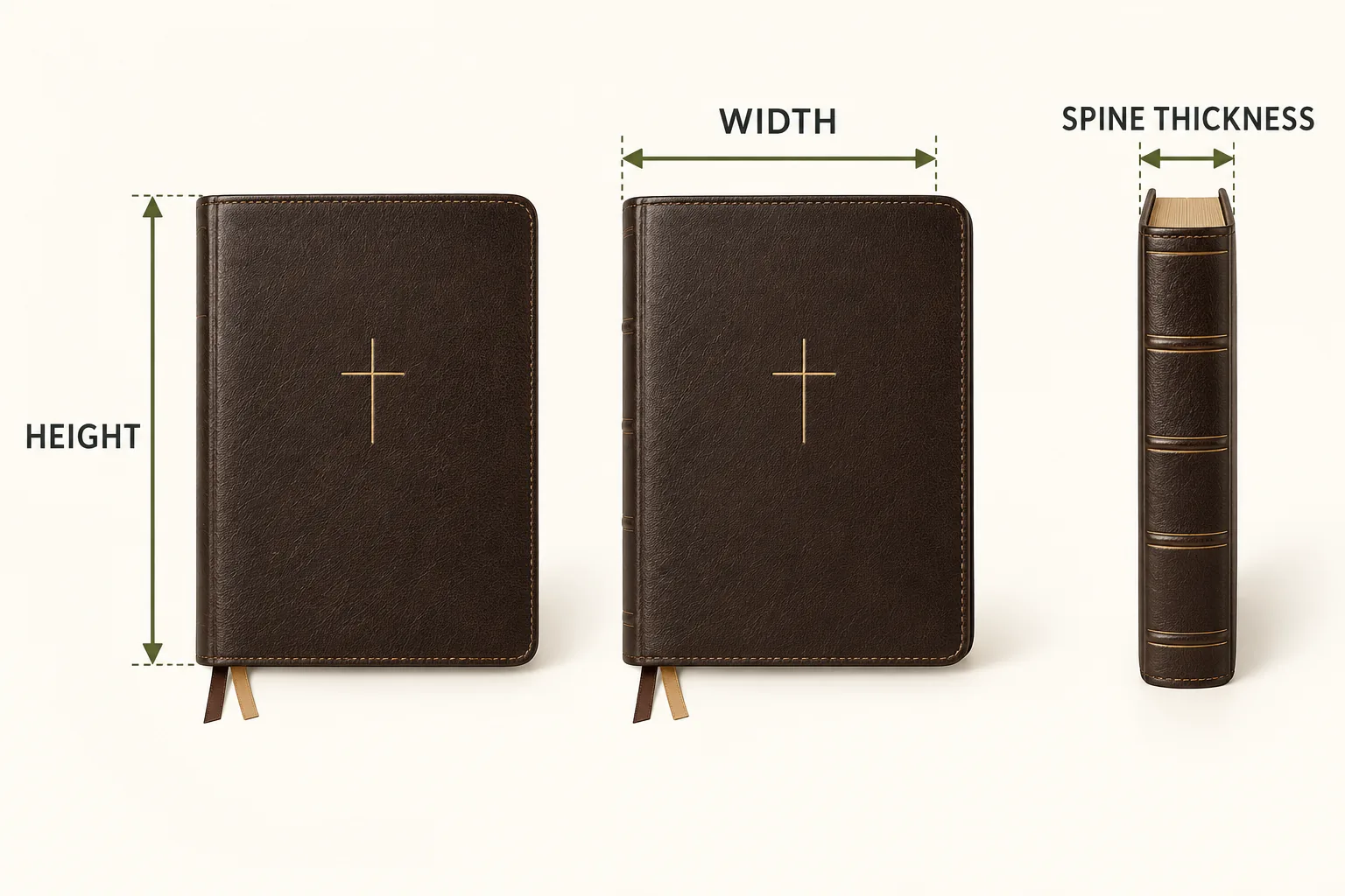 Diagram showing Bible height, closed width and spine thickness